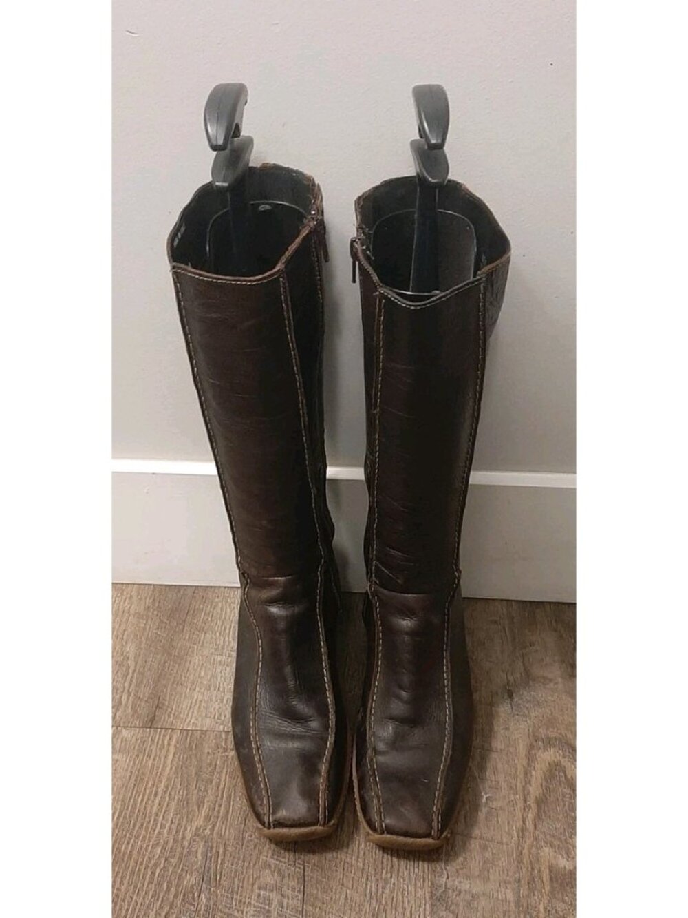 Italian Made Brown Leather Square Calf High Wedge Heel Zip Boots 7.5 Size 38